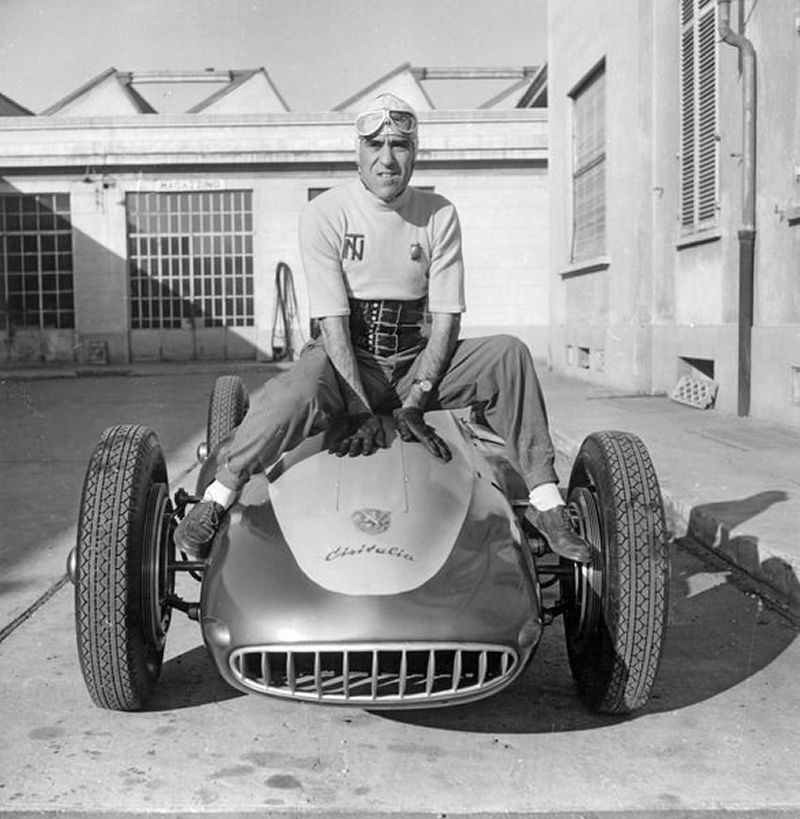 Tazio Nuvolari with the 1947 Cisitalia Tipo 360 at the factory, Corso Peschiera 251, Torino