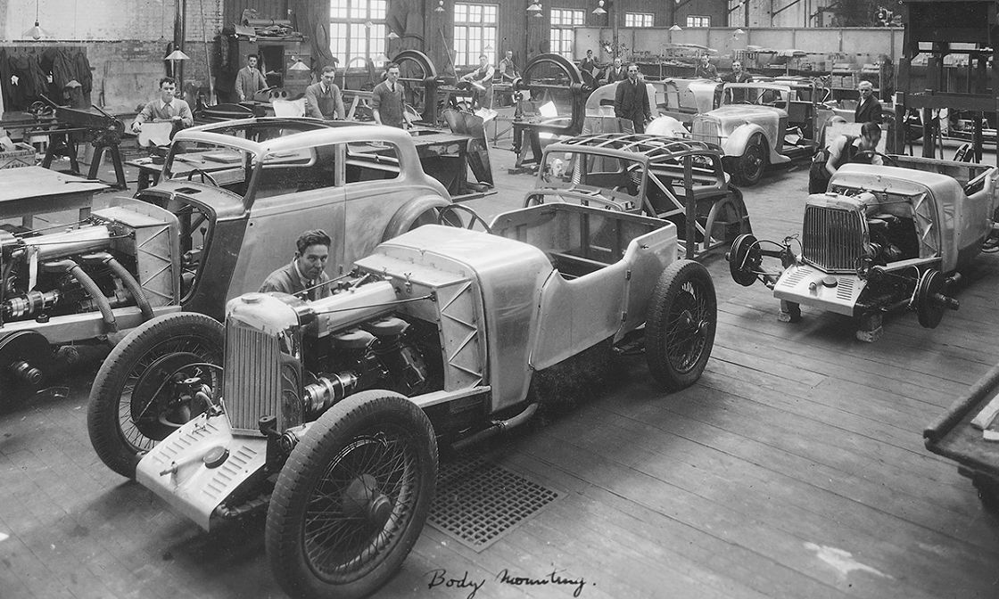 Aston Martin Mark II production in the Victoria Road factory in Feltham, 1935