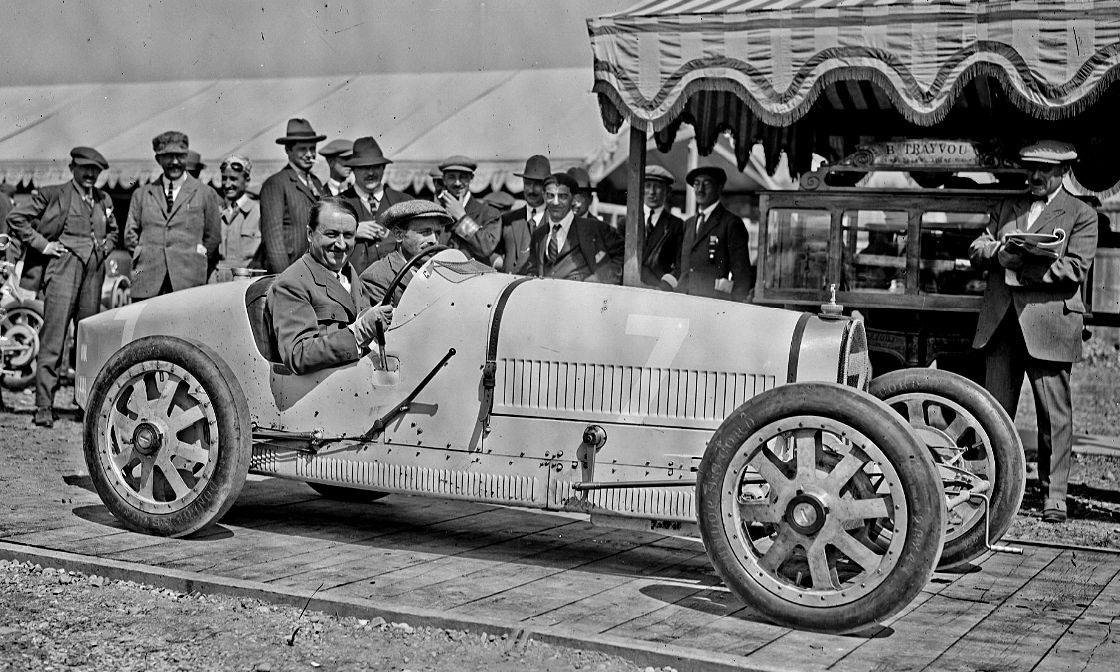 Ettore Bugatti behind the wheel of a Type 35 during the 1924 Grand Prix de Lyon, France