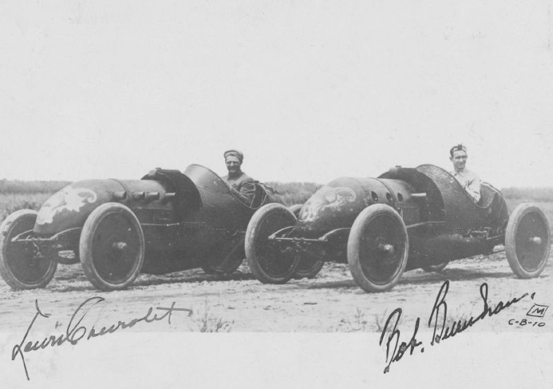 Louis Chevrolet and Bob Burman behind the wheel of the 1910 Buick Bug