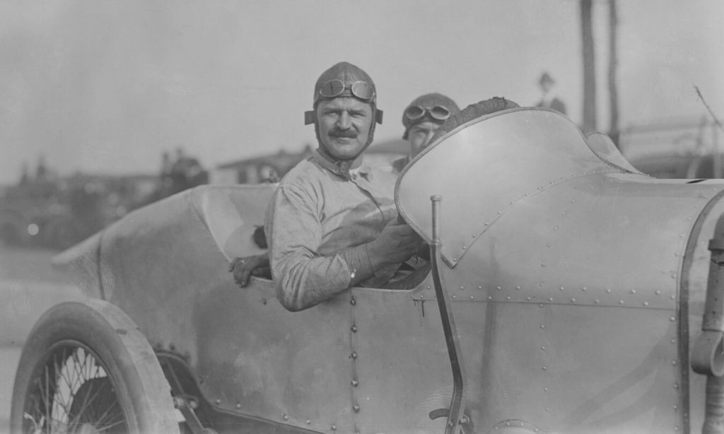 Louis Chevrolet behind the wheel of a Sunbeam DOHC six-cylinder Racecar, Astor Cup 1916