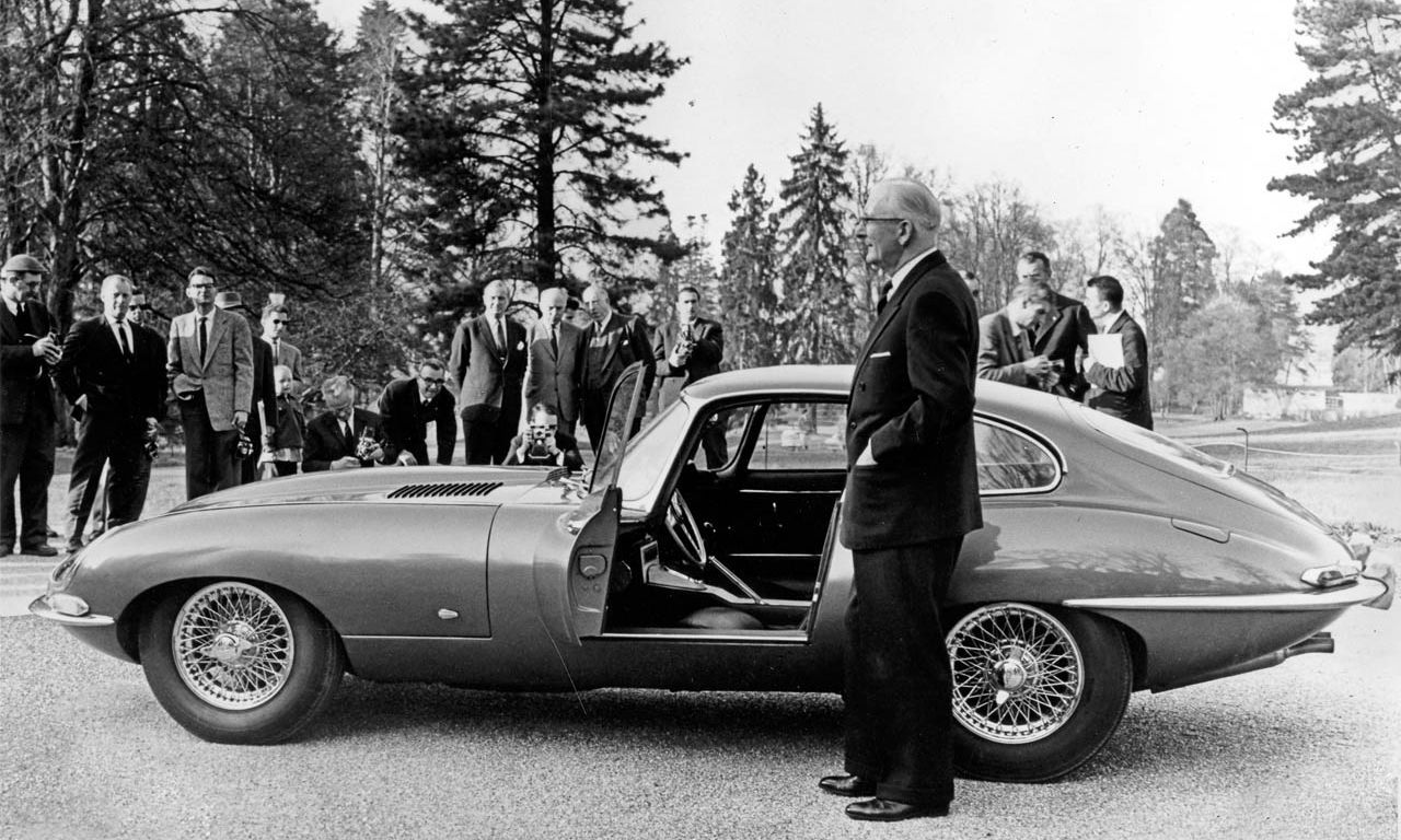 Presntation of the Jaguar E-Type by Sir William Lyons at the Parc des Eaux Vives, Geneva on 15 March 1961