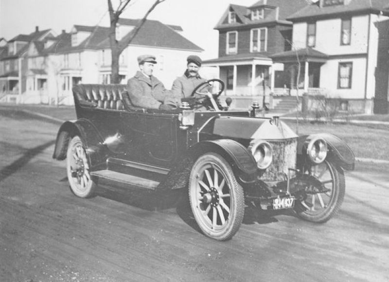 Chevrolet and Murphy in the first completed Chevrolet on West Grand Blvd, Detroit, 1911