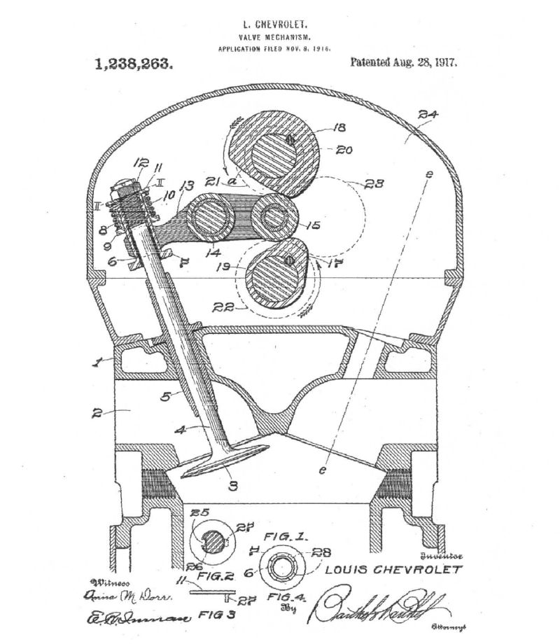 Desmodromic Valve Mechanism patent by Louis Chevrolet, 28 August 1917